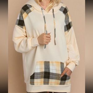 Thick Khaki Plaid Patchwork Kangaroo Pocket Oversized Hoodie